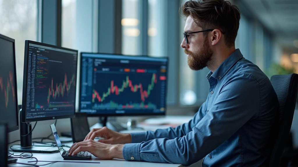 Datenanalytiker arbeitet mit großen Datenmengen und Algorithmen auf mehreren Monitoren in modernem Büro