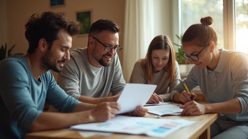 Fotografie einer Familie, die zusammen mit Finanzunterlagen an einem Tisch sitzt und über ihre finanzielle Zukunft plant