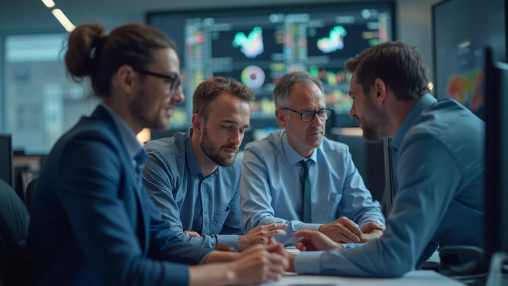 Mehrere Trader arbeiten zusammen an einer Handelsstation mit Echtzeit-Marktdaten