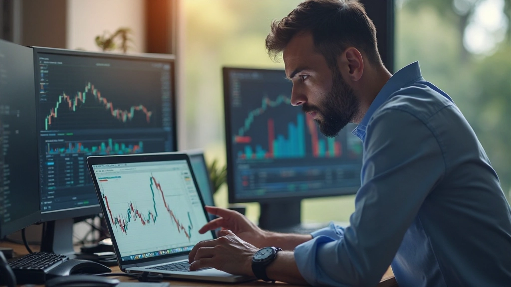 Trader studiert Candlestick-Muster auf Laptop-Bildschirm in professioneller Umgebung