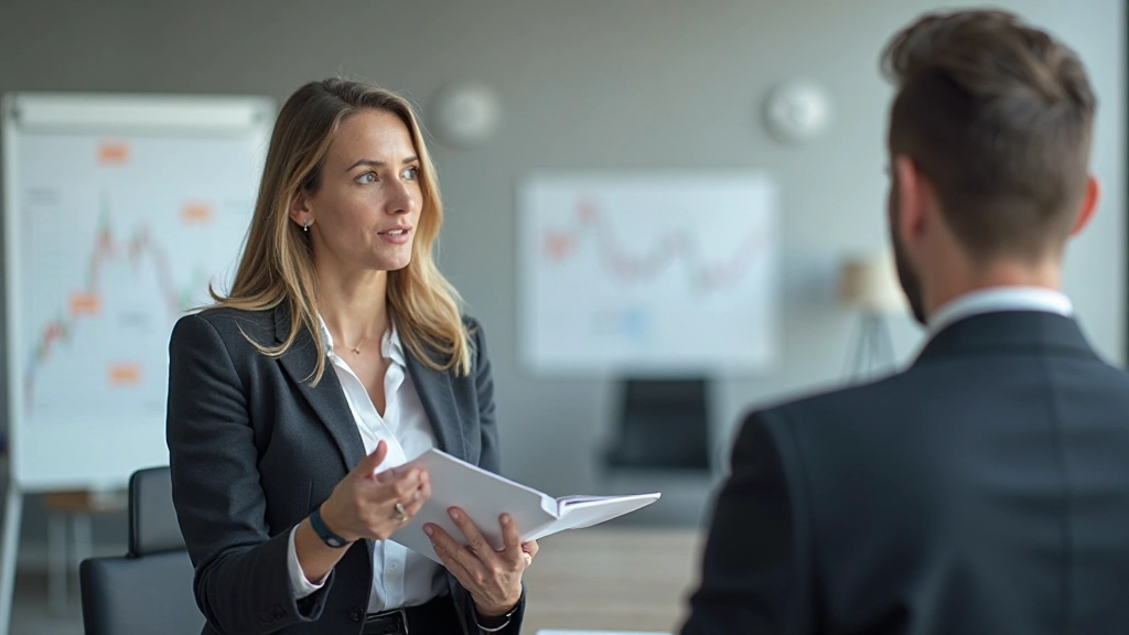 Finanzberaterin erklärt Börsengrundsätze einem Kunden an einem Whiteboard mit Diagrammen