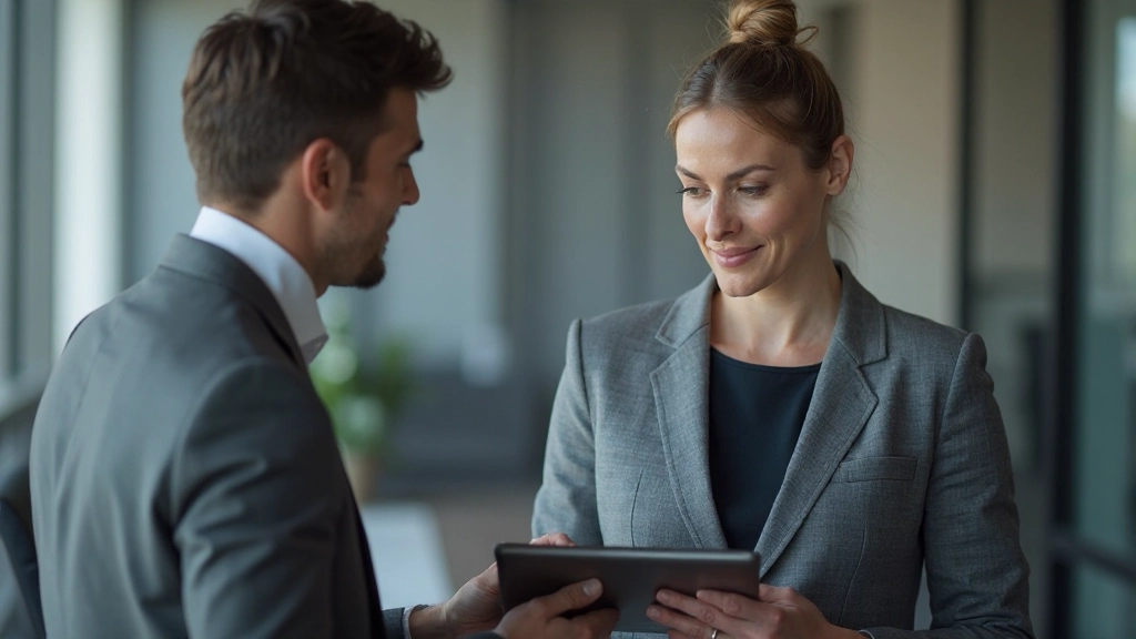 Porträt eines Finanzberaters, der ein Risikomodell mit Tablet und Grafiken in professionellem Büro zeigt, warme Beleuchtung, unscharfer Hintergrund