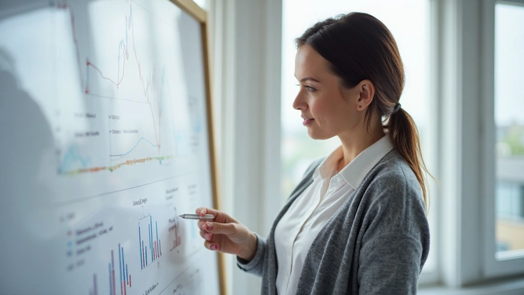 Finanzfachmann präsentiert Statistiken und Datenmodelle auf Whiteboard mit Formeln und Diagrammen