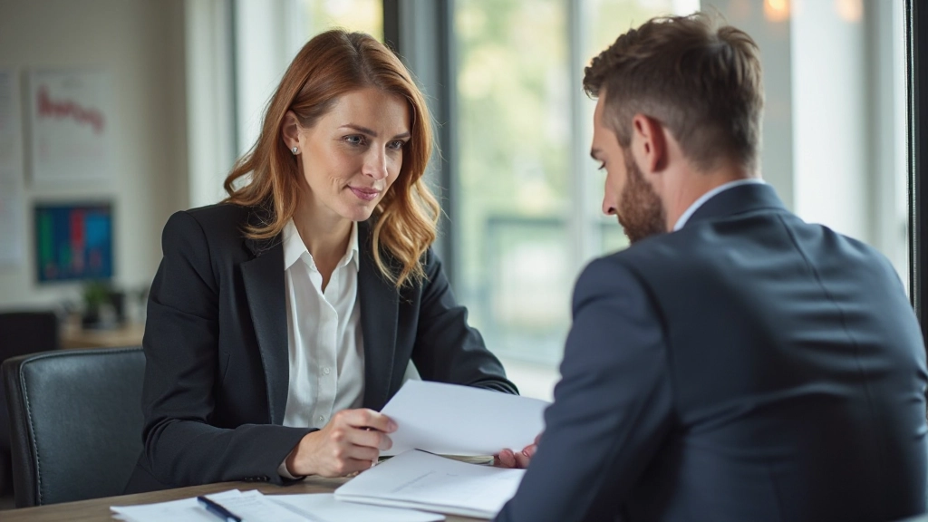 Makler und Kunde untersuchen Immobilienpläne in professionellem Büro mit Immobilienmodellen