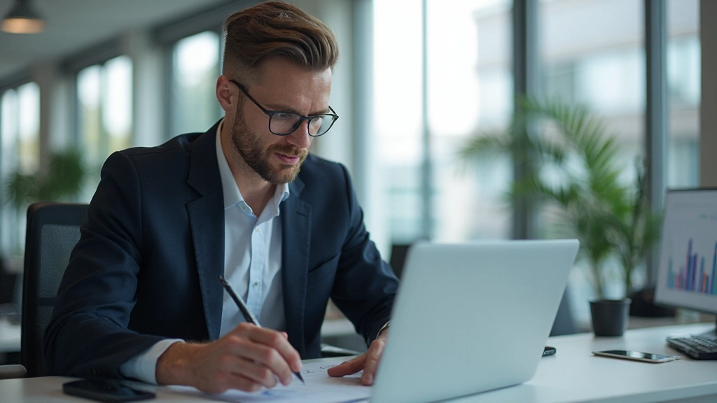 Professionelle Aufnahme eines Finanzberaters, der ein diversifiziertes Portfolio analysiert, modernes Büro mit Finanzdiagrammen auf Schreibtisch, natürliche Beleuchtung, unscharfer Hintergrund