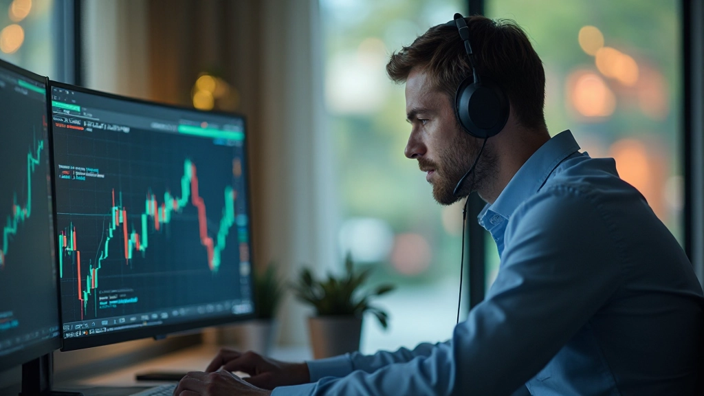 Trader mit Kopfhörern konzentriert auf Handelsschirme mit Marktinformationen