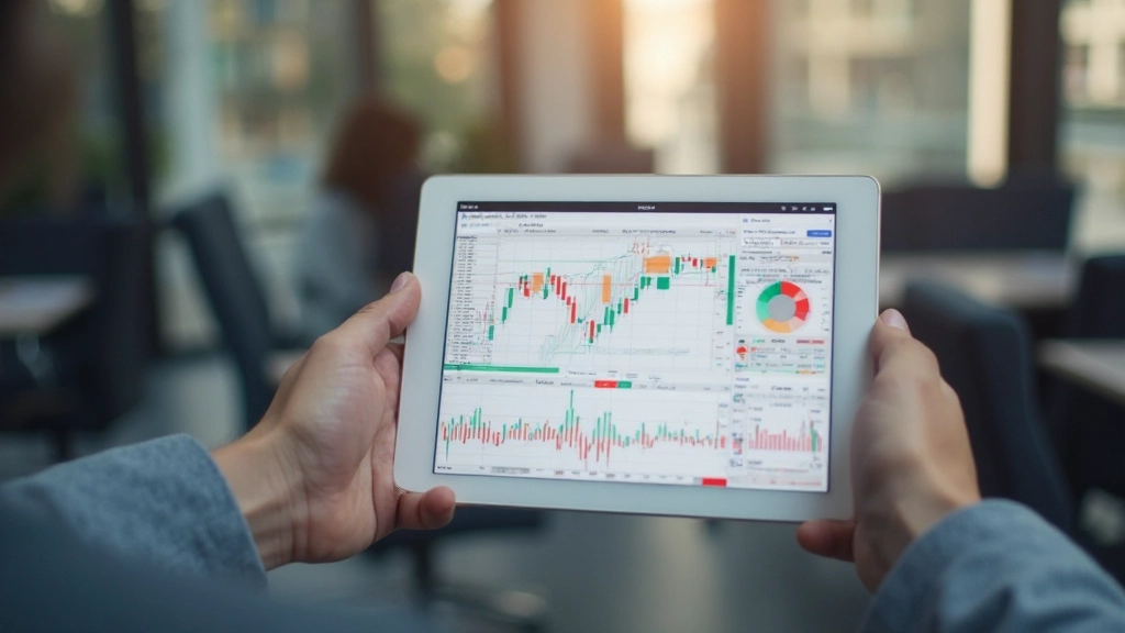 Nahaufnahme von Finanzdiagrammen und Kennzahlen auf einem Tablet, professionelle Umgebung mit unscharfem Hintergrund