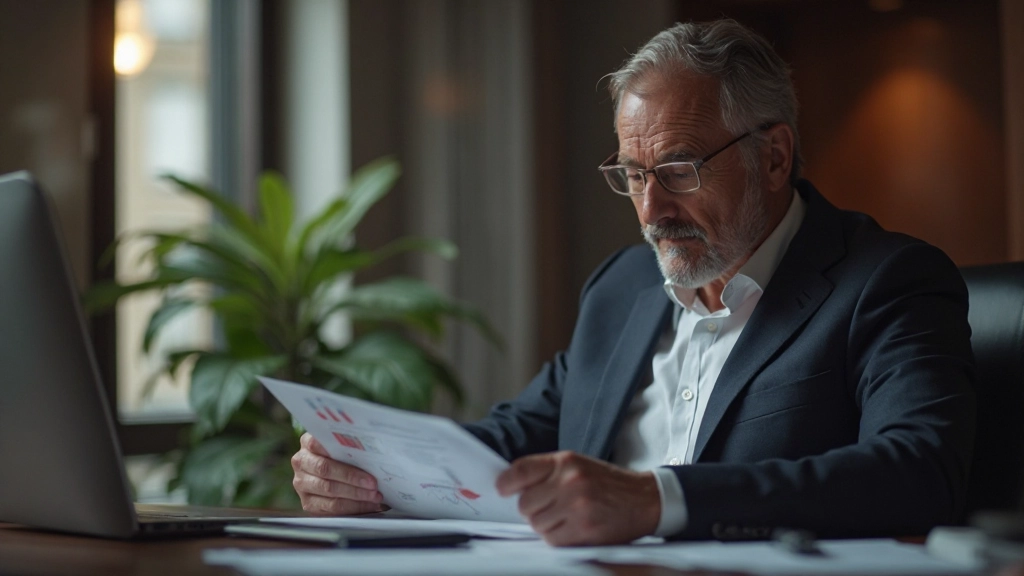 Langzeitinvestor überprüft Buy-and-Hold-Portfolio-Strategie im Büro