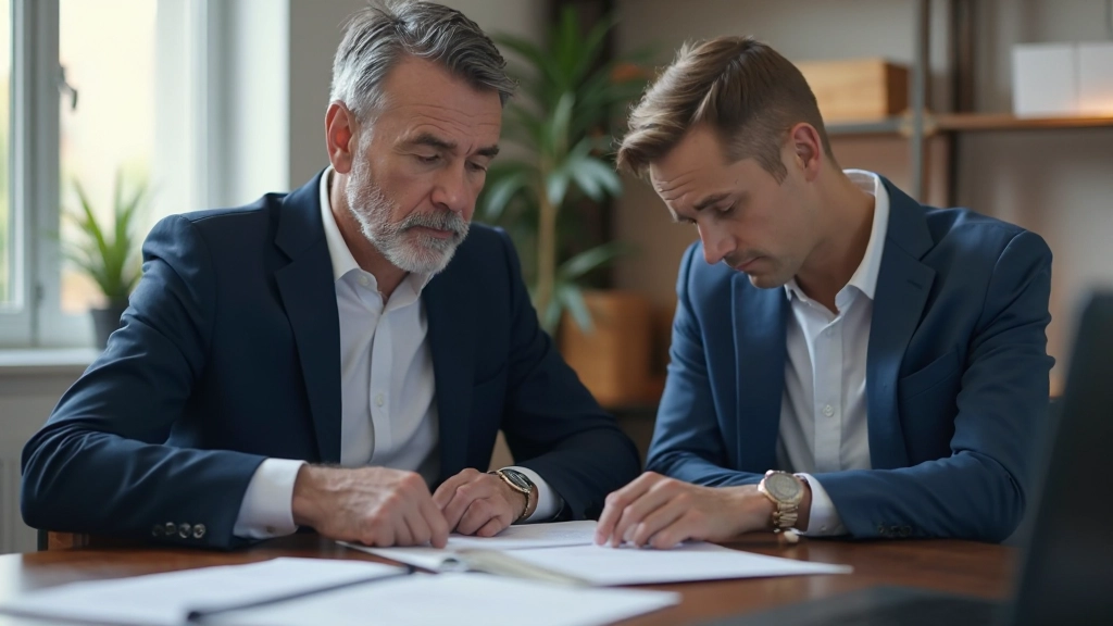 Professionelles Bild eines Finanzberaters, der Vermögensplanungsdokumente mit einem Klienten in einem modernen Büro bespricht