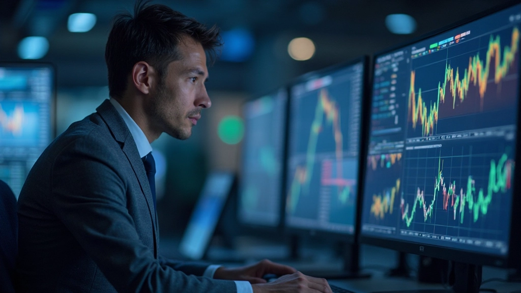 Analytiker arbeitet mit Finanzmodellen und Datenvisualisierungen auf mehreren Monitoren in modernem Handelsraum