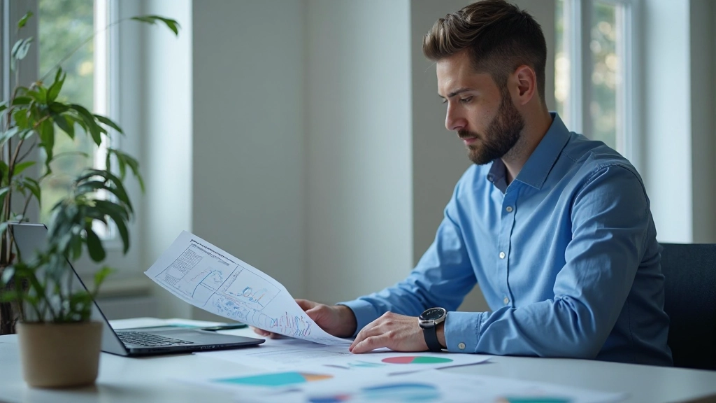 Finanzanalyst überprüft Unternehmensdaten und Finanzberichte auf dem Computer im modernen Büro