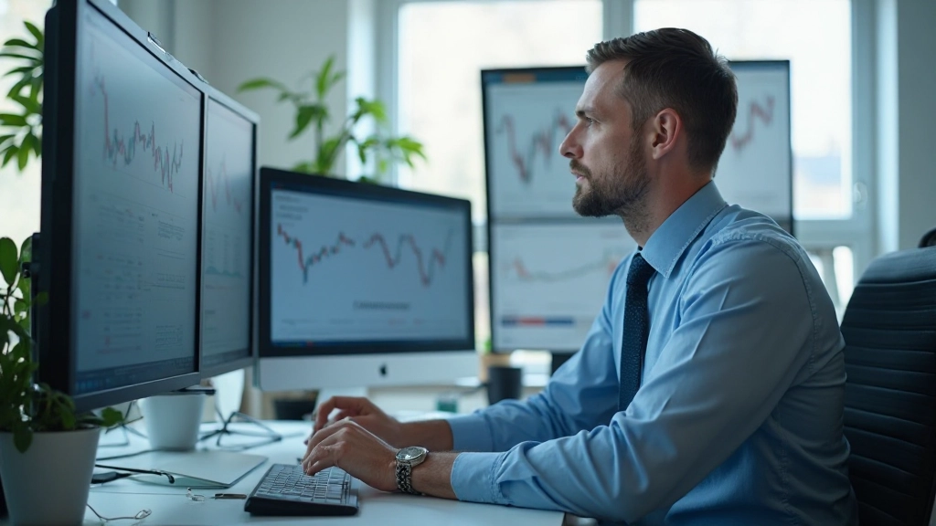Börsenanalyst am Schreibtisch mit mehreren Displays zeigt Fehleranalyse in Handelsberichten