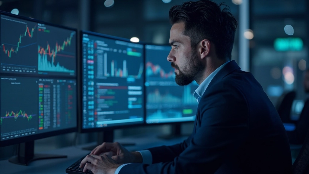 Finanzanalyst untersucht Wirtschaftsdaten auf mehreren Bildschirmen in modernem Handelsraum