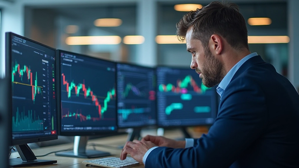 Börsenmakler analysiert Finanzdiagramme auf mehreren Monitoren in modernem Büro