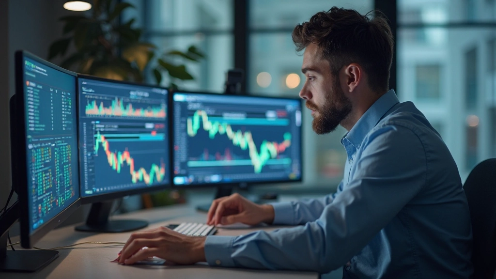 Händler arbeitet mit Trading-Simulationssoftware auf mehreren Monitoren in modernem Büro