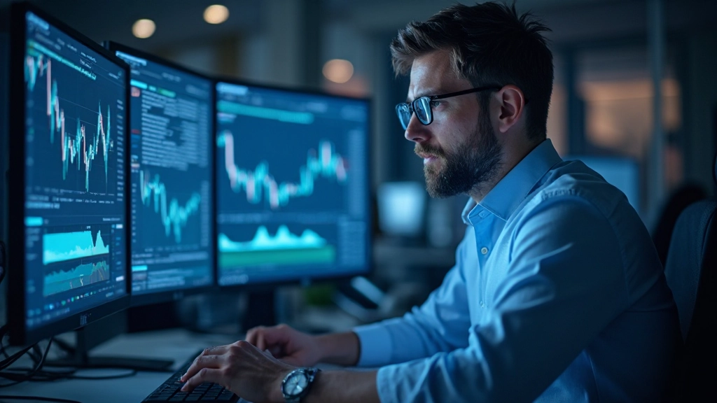 Händler analysiert Wirtschaftsnachrichten und Marktdaten auf mehreren Monitoren in modernem Handelsraum