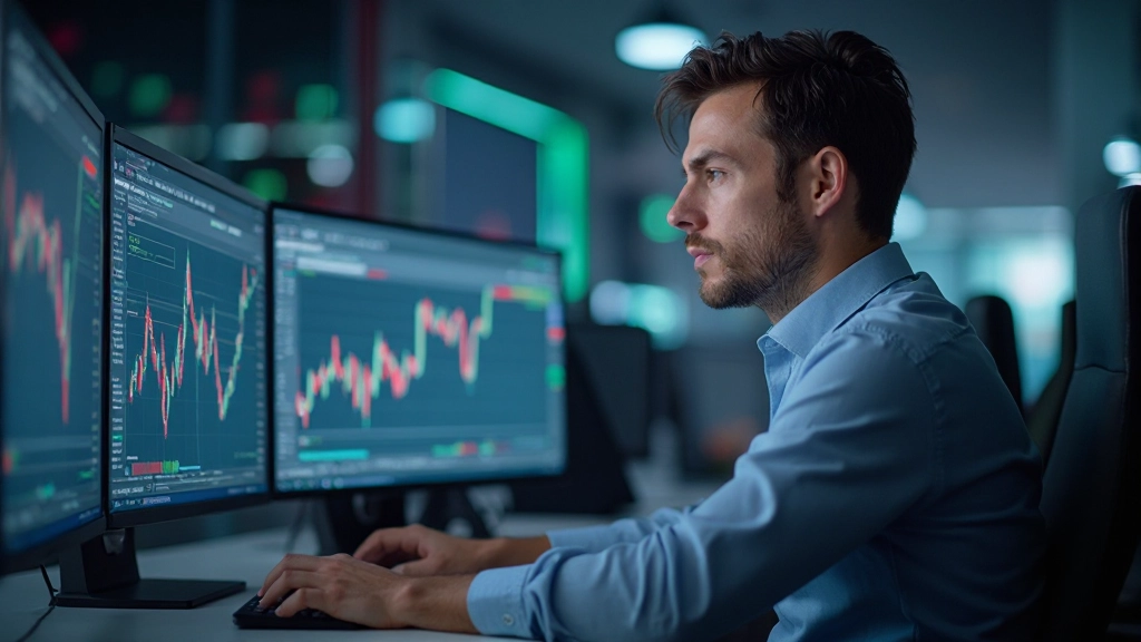 Professioneller Händler analysiert Echtzeitdaten auf mehreren Computermonitoren mit Kerzenleuchter-Charts