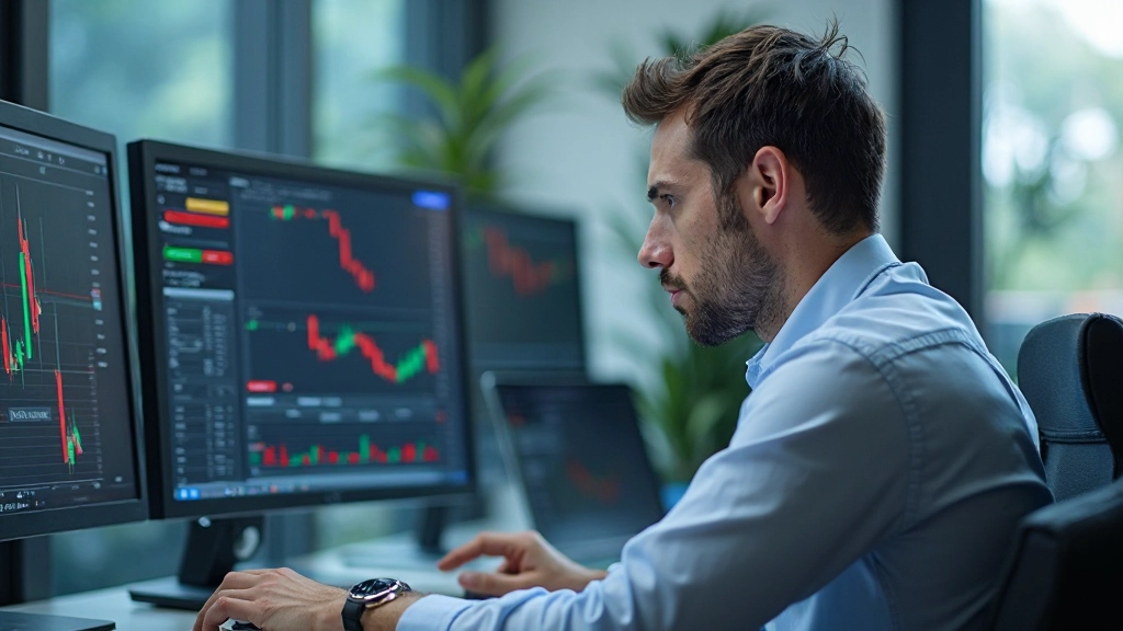 Professionelles Foto eines Händlers, der Finanzdaten auf mehreren Monitoren analysiert, modernes Handelsdesk-Büro, natürliche Beleuchtung, unscharfer Hintergrund