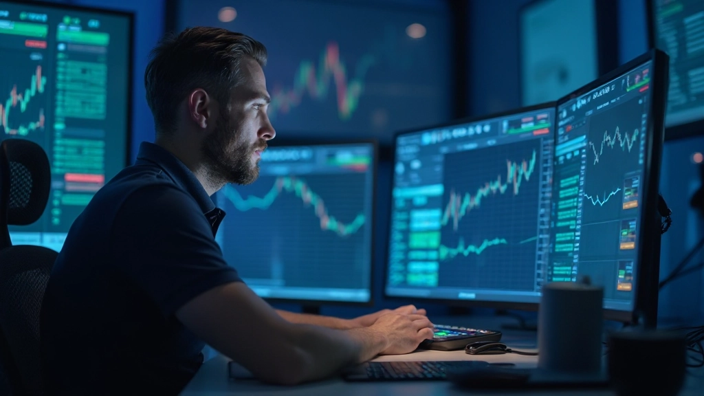 Computerbildschirm zeigt algorithmischen Handelsflow mit Datenflussdiagramm und Entscheidungspunkten