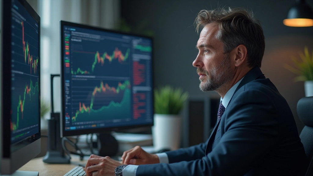 Ruhiger, fokussierter Trader mit Risikomanagement-Dashboard, zeigt Positionsgröße und Stop-Loss-Level