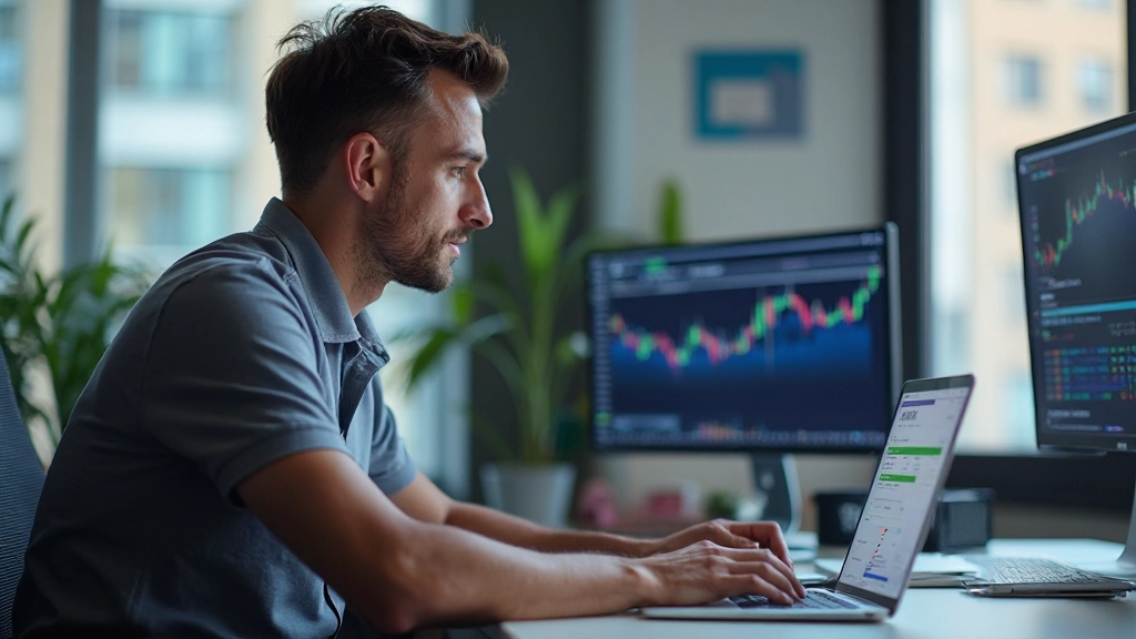 Mann schaut auf Kurs-Charts und technische Analyse-Tools auf seinem Computerbildschirm in modernem Trading-Setup