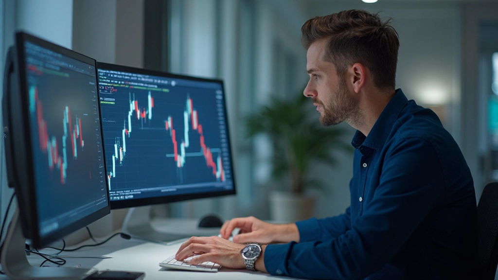 Trader analysiert mehrere Finanzdiagramme auf Bildschirmen in modernem Büro