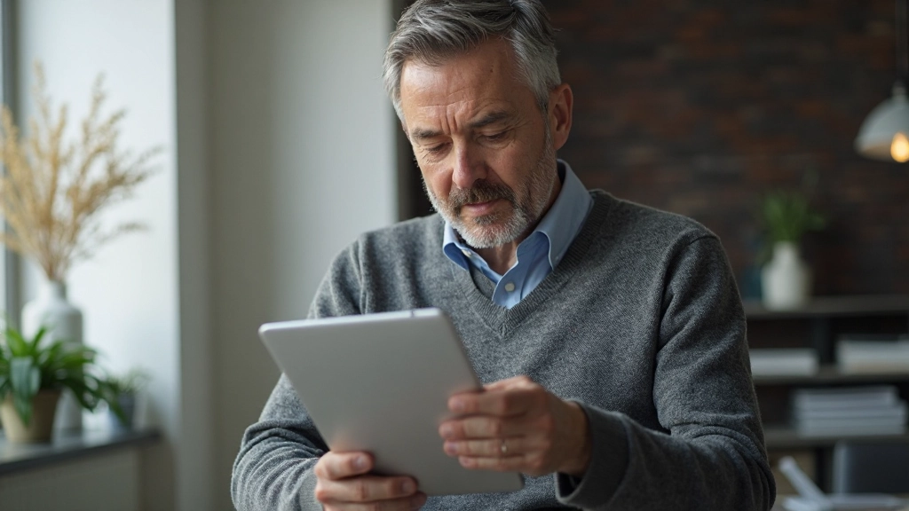 Investor überprüft Aktienportfolio auf Tablet in moderner Wohnumgebung