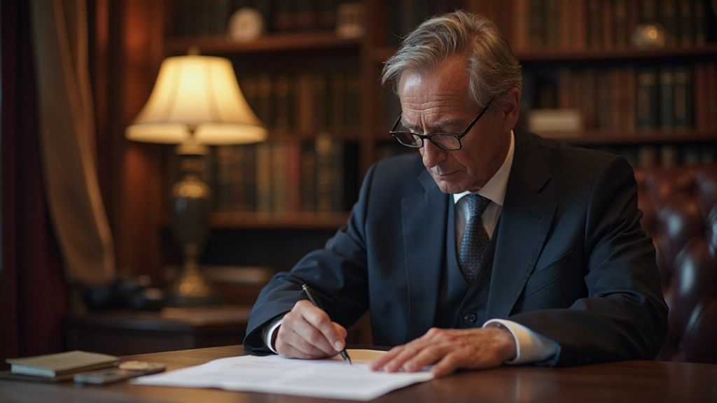 Aufnahme eines Testamentsdokuments mit einer Unterschrift und einem Stift auf einem Schreibtisch in einem Anwaltsbüro