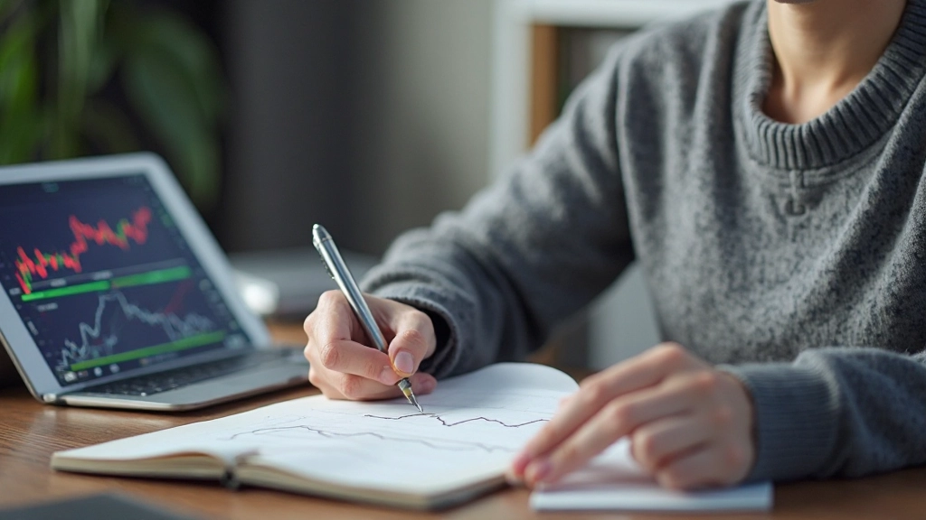 Notizblock mit Lernzielen und Handelsplan neben Computer mit Lernressourcen-Fenster