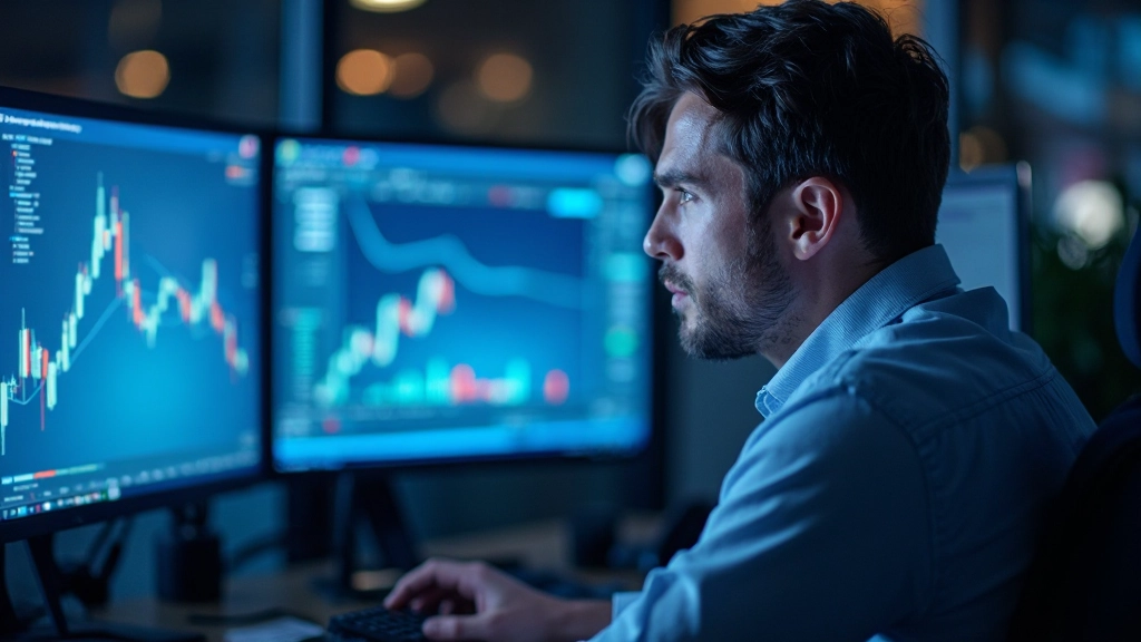 Mehrere Monitore zeigen verschiedene Trading-Software-Schnittstellen und Analyse-Dashboards