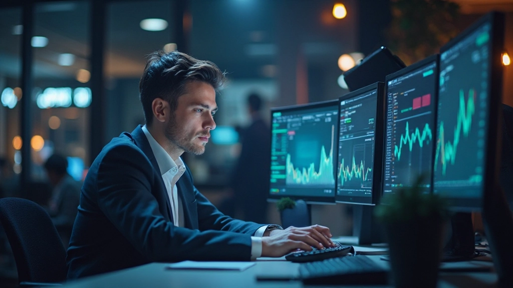 Trader überwacht globale Schwellenländer-Märkte auf mehreren Monitoren mit Echtzeit-Daten