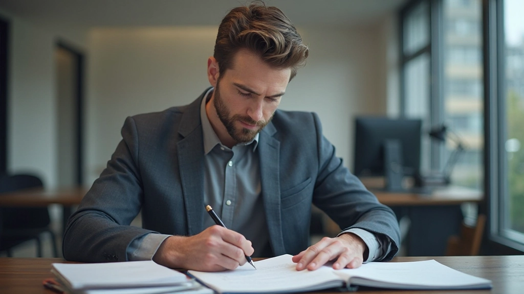 Trader analysiert Handelsjournal mit Notizen zu Strategien und Handelsergebnissen