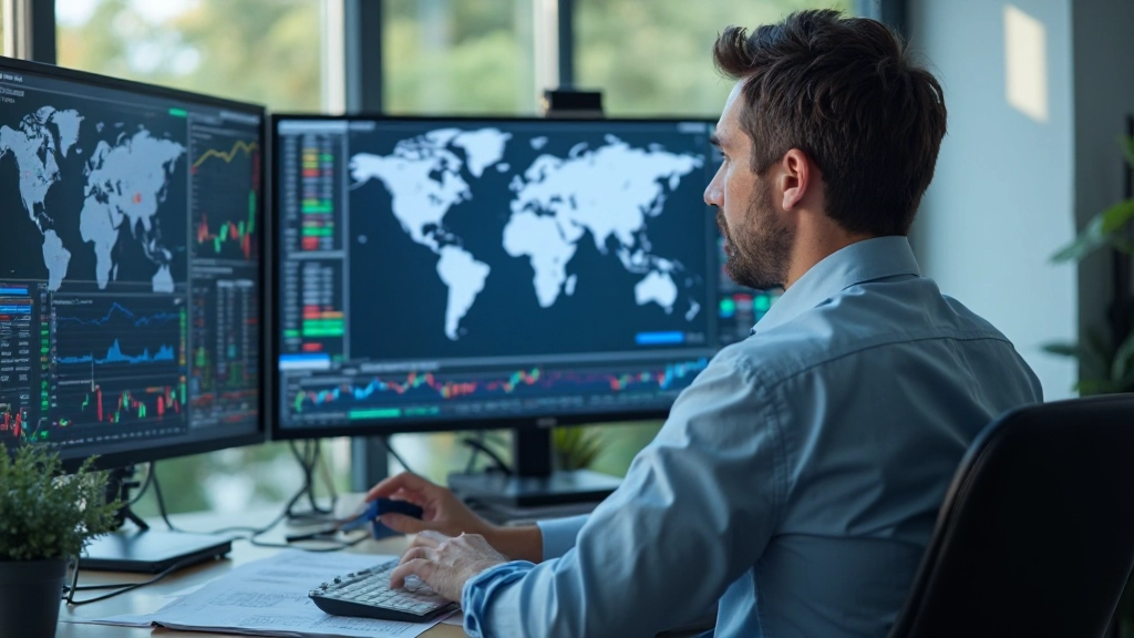Trader analysiert Performance-Metriken und Handelsstatistiken auf dem Computerbildschirm