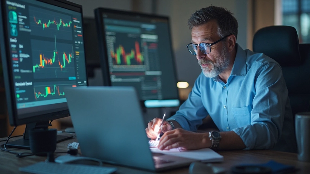 Trader überprüft Risikometriken und Portfolioallokation auf seinem Handelscomputer