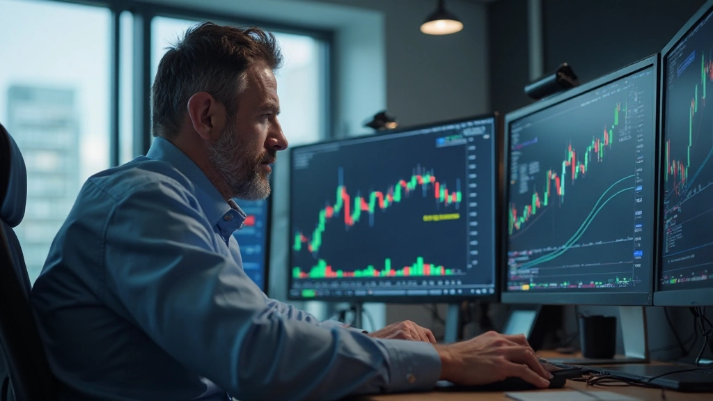 Trader überprüft Echtzeit-Marktquoten auf seinem Handelsmonitor-Setup