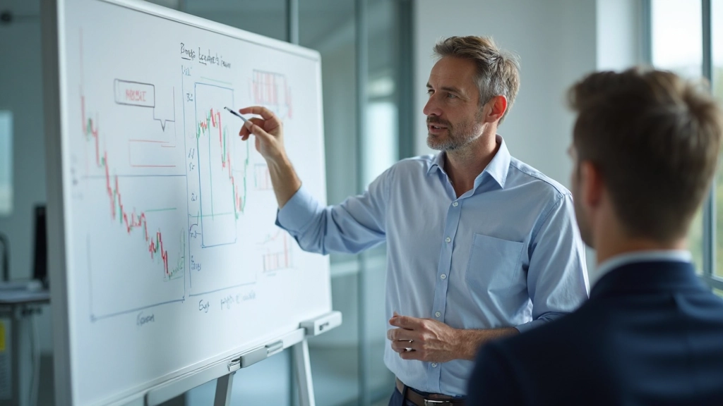 Ein Mentor erklärt Diagramme und Marktkonzepte vor einem Whiteboard mit Notizen und Analysen