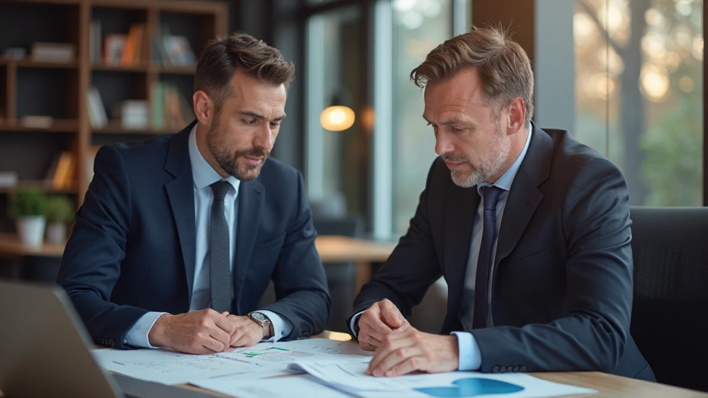 Zwei Finanzfachleute besprechen Investitionsstrategie mit ausgedruckten Berichten und Grafiken