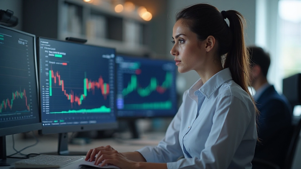 Geschäftsfrau sitzt konzentriert am Schreibtisch und analysiert Diagramme auf dem Bildschirm