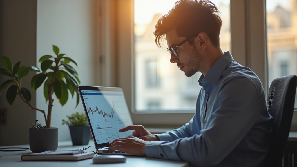 Junger Investor sitzt am Schreibtisch mit Laptop und studiert Börsendiagramme und Finanzberichte