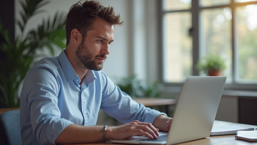 Anfänger-Trader sitzt am Schreibtisch und lernt Scalping-Techniken mit Lehrbuch und Laptop