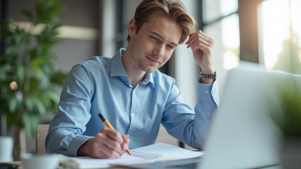 Anfänger notiert Handelskonzepte in Notizbuch am Schreibtisch mit Finanzcharts