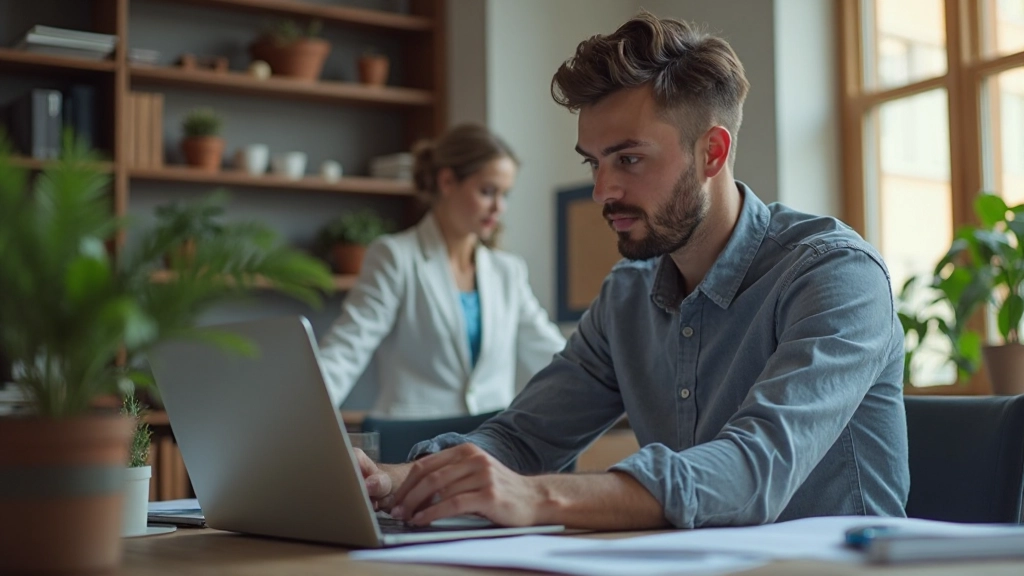 Junger Anfänger Trader studiert Marktdaten und Handelsressourcen auf Laptop in gemütlichem Home-Office Setup